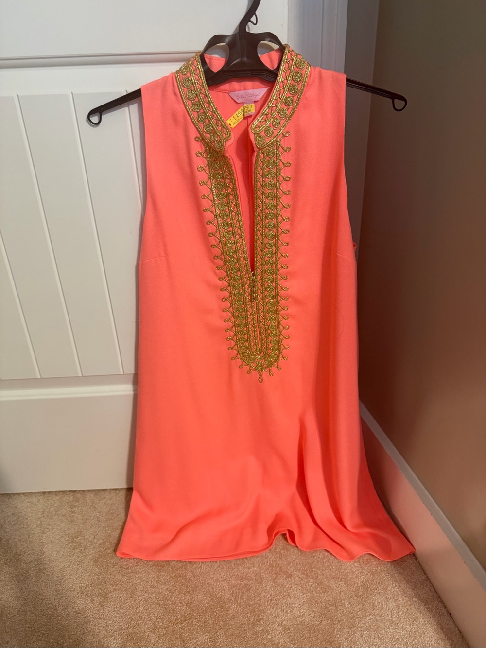 Lilly Pulitzer Coral Sleeveless Mini Dress with Gold Embroidery
